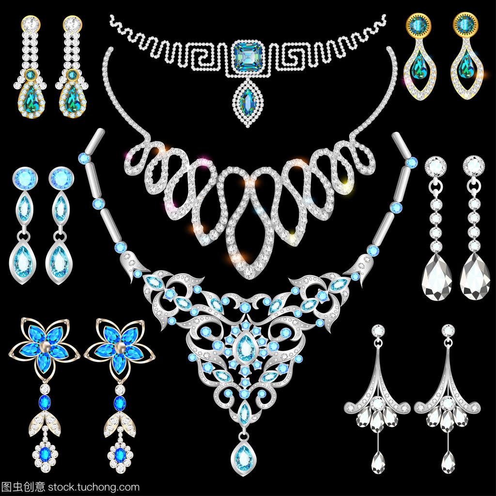 银金珠宝首饰插画套装 艺术与奢华的精致融合